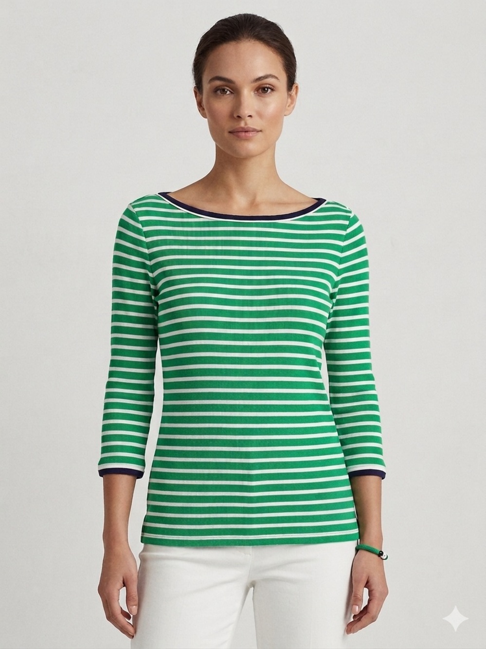 Ralph Lauren Green & White Striped Boatneck Long Sleeve Top with Navy Trim